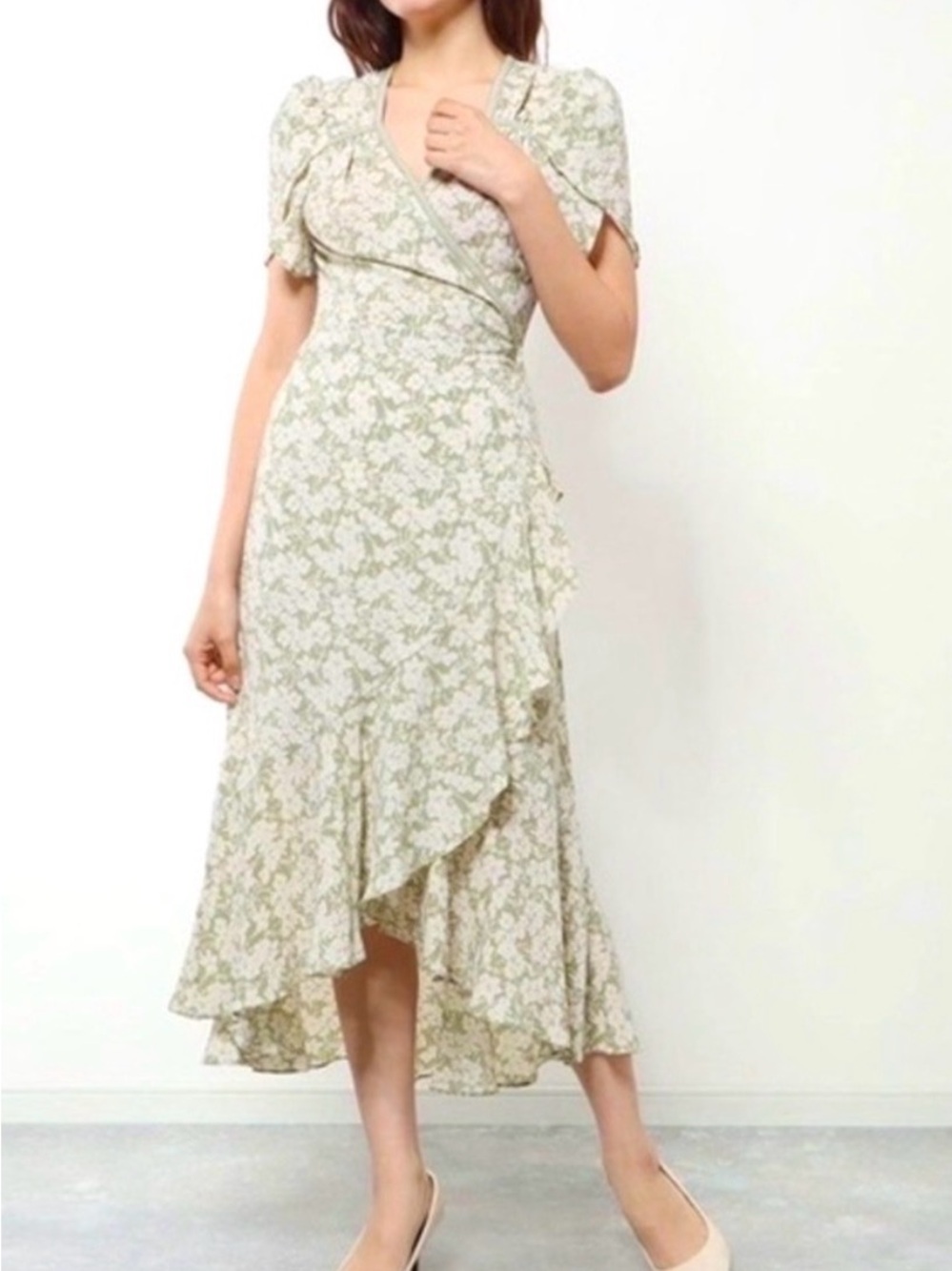 Max Studio Sage Green Floral Wrap Midi Dress